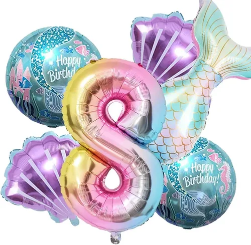 Vista 7 de Kit de decoración de cumpleaños de sirena sdquskin: 6 globos verdes de sirena (número 1) para niñas