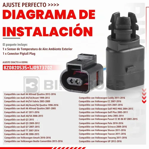 Vista 2 de Sensor de temperatura del aire ambiente exterior con enchufe compatible con Audi A4 A6 A7 Q5 Q7 compatible con VW Golf Jetta Passat