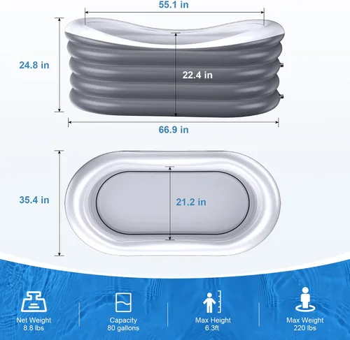 Vista 2 de BINYUAN Bañera inflable para adultos – Tina de hidromasaje plegable portátil con bomba eléctrica, diseño de baño caliente y hielo, plegable para 1-2