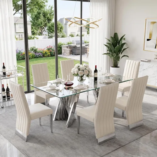 Vista 12 de Juego de mesa de comedor de 5 piezas, juego de mesa de comedor para 4, mesa de comedor de vidrio transparente con 4 sillas de comedor tapizadas