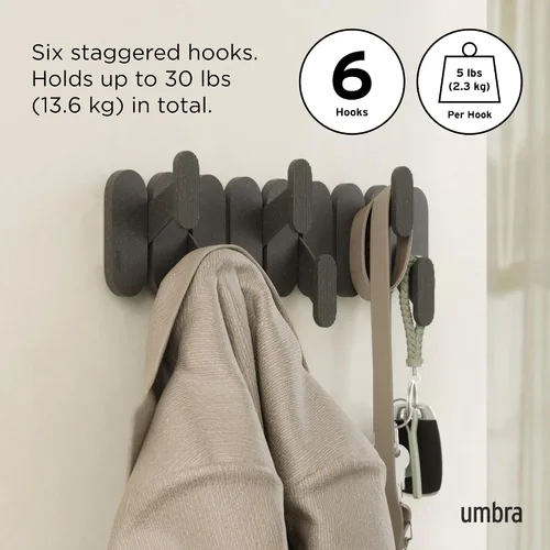 Vista 2 de Umbra Tempo Perchero de Pared – Organizador Moderno de Entrada con 6 Ganchos para Abrigatos y Toallas, ABS Reciclado/Fibra de Madera, Negro, Montaje