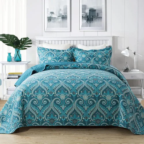 Vista 15 de NEWLAKE - Juego de cubrecama reversible de microfibra bordada con patrón floral en relieve en jacquard beige, tamaño queen