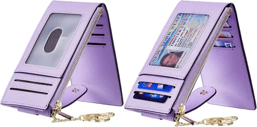 Vista 2 de Chelmon Billetera delgada con bloqueo RFID para mujer, con bolsillo con cremallera, Púrpura claro, Minimalista