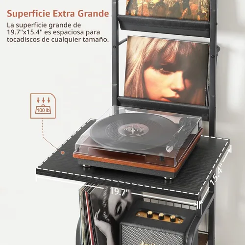 Vista 4 de Soporte para tocadiscos con almacenamiento de vinilos para hasta 200 álbumes, soporte para tocadiscos con estante de exhibición para discos Negro