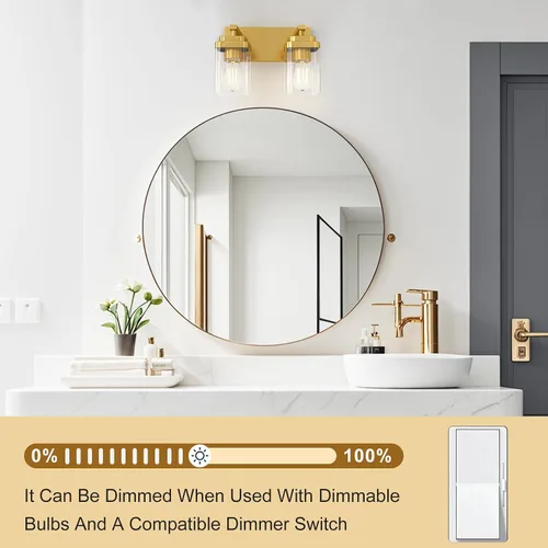 Vista 4 de Lámparas de baño de oro cepillado, 6 luces de baño sobre el espejo, diseño cuadrado y placa trasera grande rectangular, accesorios de iluminación