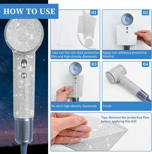 Vista 4 de Calcomanía de diamantes de imitación para secador de pelo Laifen, película protectora con cubierta de diamante para secador de pelo, diamante
