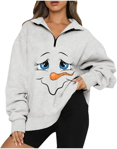 Vista 3 de Sudadera de gran tamaño para mujer, suéter de Navidad con cremallera de un cuarto, sudadera de forro polar para Navidad, media cremallera, suéter