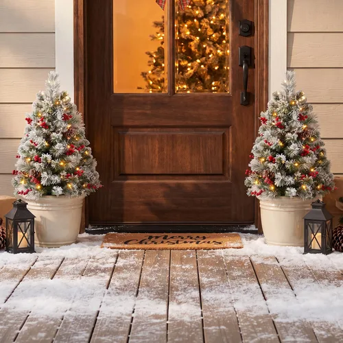 Vista 8 de OasisCraft - Juego de 2 árboles de Navidad artificiales para exterior de 24 pulgadas con relleno de urna escarchada, árbol de Navidad preiluminado