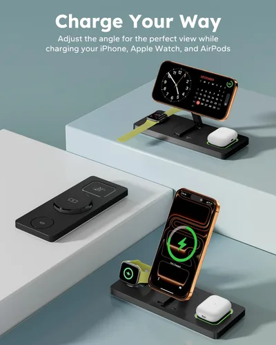 Vista 6 de Estación de carga plegable 3 en 1 para Magsafe, soporte magnético para teléfono y reloj para dispositivos Apple, cargador inalámbrico de escritorio