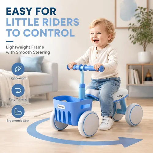 Vista 6 de Ridego Bicicleta de equilibrio para niños de 1 a 3 años con cesta y asiento Azul