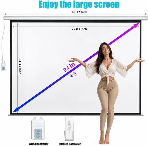 Vista 6 de Pantalla de proyector motorizada de 94", pantalla de proyector eléctrica 4:3 con control remoto, pantalla de película HD para interiores/exteriores