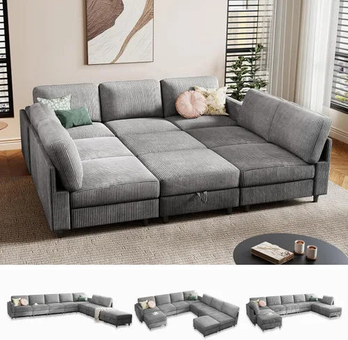 Vista 27 de KKL Sofá cama modular modular con otomana de almacenamiento, sofá cama convertible en forma de L/U para sala de estar, diseño reversible moderno