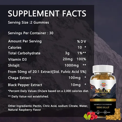 Vista 2 de Shilajit para hombres y mujeres – Gomitas puras del Himalaya Shilajit de 1200 mg con Chaga, vitamina D3, pimienta negra y ácido fúlvico, 100%