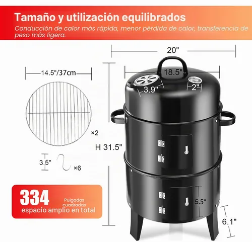 Vista 2 de Parrilla vertical redonda de carbón de 19 pulgadas, ahumador de barbacoa de alta resistencia para ahumar al aire libre, pellets de múltiples capas