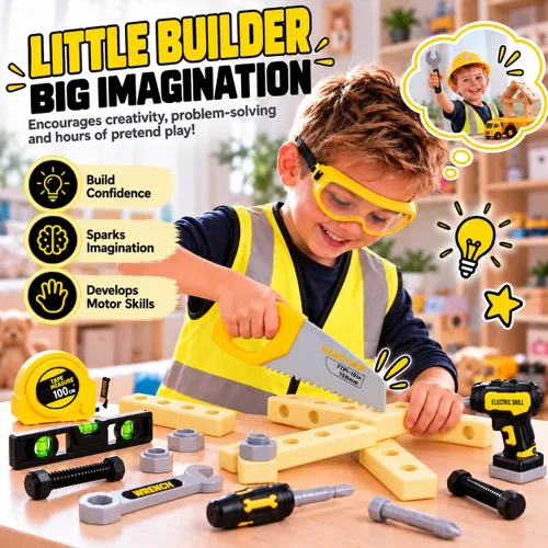 Vista 6 de Juego de herramientas para niños con estuche de transporte, taladro electrónico con brocas y chaleco de construcción – Kit de juego simulado