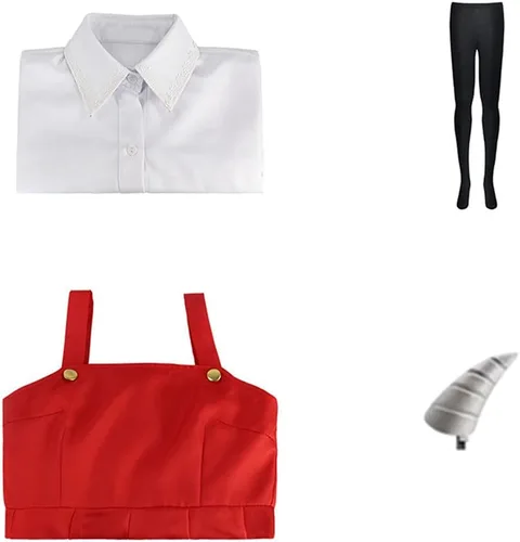 Vista 4 de Mha Eri - Disfraz de uniforme rojo con calcetines para la cabeza, vestido de sirvienta, trajes de Halloween