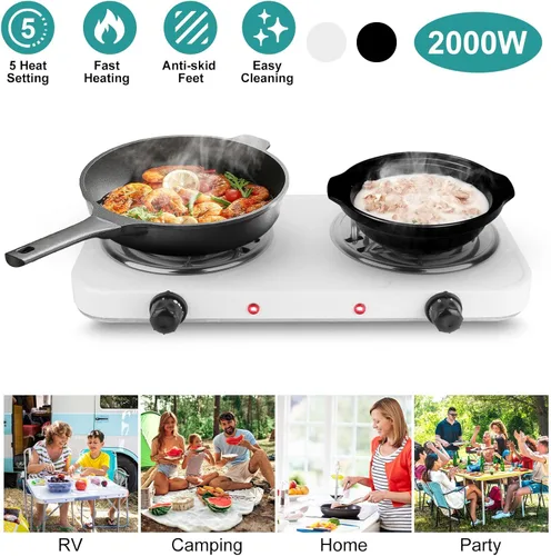 Vista 2 de Placa de cocción eléctrica, estufa eléctrica portátil de 2000 W, quemadores de doble bobina con control dual y control de temperatura de 5 niveles