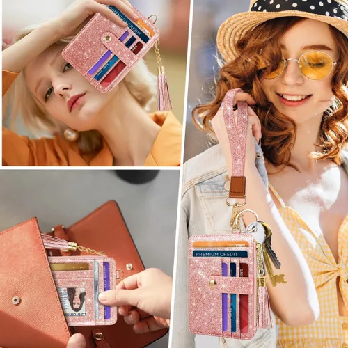 Vista 6 de Cartera delgada RFID para tarjetas de crédito pequeña y bonita cartera para mujeres con bolsillo con cremallera y llavero, Escarcha Oro rosa, Piel