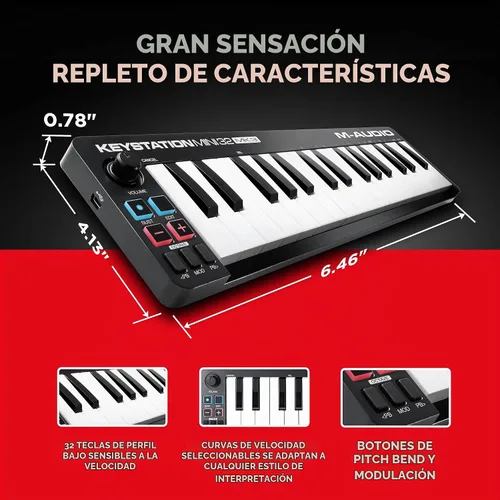 Vista 3 de M-AUDIO Keystation Mini 32 MK3 controlador de teclado MIDI USB con 32 teclas mini sensibles a la velocidad y software de grabación incluido
