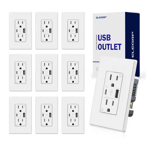 Vista 14 de ELEGRP Cargador USB de pared, receptáculo USB con puertos USB tipo A y tipo C, enchufe dúplex de 15 amperios resistente a manipulaciones NEMA 5-15R