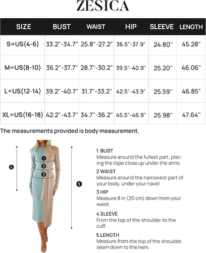 Vista 6 de ZESICA Vestido de punto acanalado para mujer, elegante vestido de manga larga con cuello redondo y lazo en la cintura ajustado ajustado
