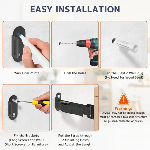 Vista 7 de Anclajes antipunta para muebles (2 juegos), anclaje de pared resistente para muebles, anclajes de pared a prueba de terremotos para seguridad