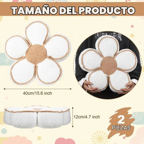 Vista 2 de Menkxi Paquete de 2 almohadas con forma de flores, lindas almohadas con forma de margaritas, cojín suave para el suelo, para sala de estar Blanco