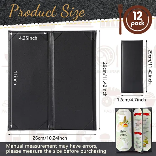 Vista 2 de Jexine Fundas negras de menú impermeables para restaurante, cafetería, bar, de piel sintética, libro de menú de 4 pliegues con esquinas en ángulo