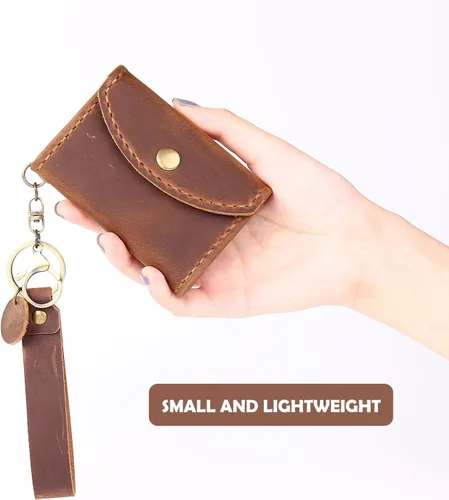 Vista 4 de Cartera de cuero genuino para tarjetas de crédito, organizador de tarjetas de crédito para mujeres y hombres, monedero pequeño llavero, Marrón