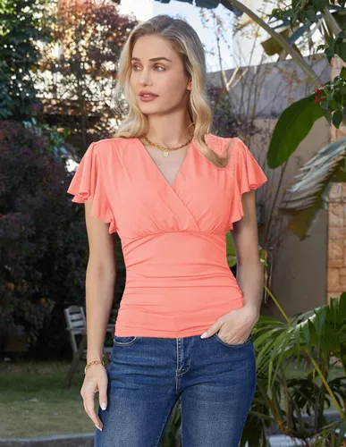 Vista 2 de GRACE KARIN Blusa elegante para mujer, cuello en V, manga larga, ajustada, fruncida