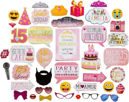 Vista 8 de Accesorios para cabina de fotos de quinceañera, kit de cabina de fotos de 41 piezas con letrero de 8 x 10 pulgadas, 60 almohadillas adhesivas, 45