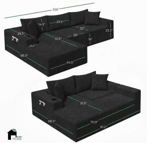 Vista 2 de EconoHome Sofá seccional Boneless Cloud, asiento profundo de felpa en forma de L para relajarse y entretener, construcción duradera y fácil montaje