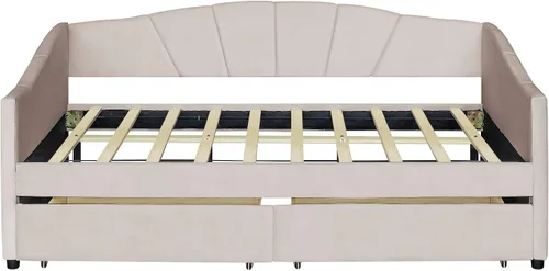 Vista 4 de Sofá cama individual con 2 cajones tapizado moderno, plataforma para sofá cama, marco de listones de soporte para dormitorio, sala de estar,
