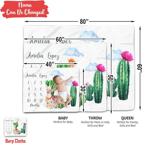 Vista 9 de Manta de bebé de alpaca personalizada, manta de bebé con nombre personalizado, decoración de guardería de cactus, recién nacido, regalos