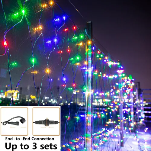 Vista 4 de Joomer Paquete de 2 luces LED de red de Navidad de 12 x 5 pies, 8 modos de luces de malla conectables, temporizador, impermeable para árboles