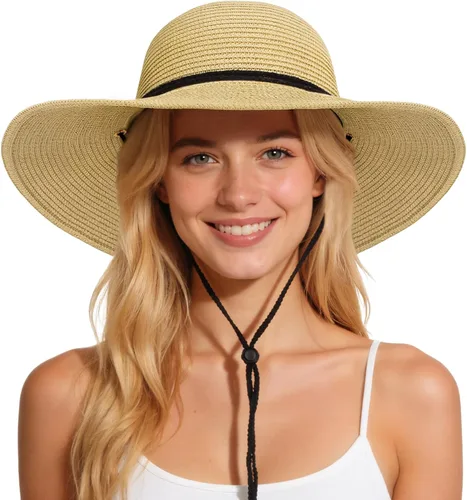 Vista 9 de Sombreros de sol para mujer, sombrero de playa de paja de ala ancha de Beige claro