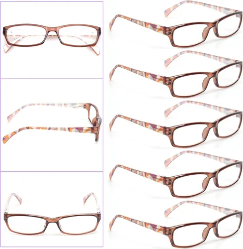 Vista 5 de Kerecsen Gafas de lectura, 5 pares de lentes de lectura de moda para mujer, bisagra de resorte con patrón impreso para mujer (5 marrones, 0.5, x)