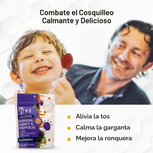 Vista 3 de P.R.I Miel de Manuka con Própolis, Certificada MGO 300+ – Piruletas para calmar la garganta, sabor saúco, (24 piruletas, 184 g)