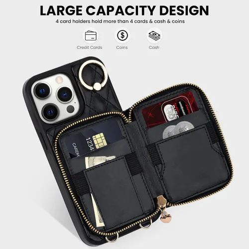 Vista 2 de Funda para iPhone 12 Pro/iPhone 12 de 6.1 pulgadas, cartera cruzada con cremallera para mujer, tarjetero con bloqueo RFID, funda de cuero con Negro