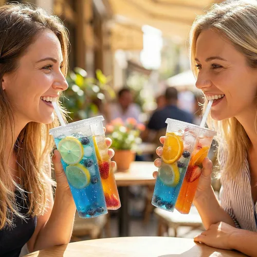 Vista 2 de 20 vasos de plástico desechables divididos para bebidas, forma redonda, doble espesa, taza para compartir en pareja, con tapas, para té con leche