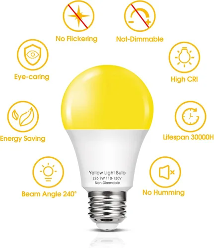 Vista 8 de Bombillas LED amarillas para insectos en el exterior, bombilla LED amarilla A19 para exteriores, equivalente a 60 W, luces amarillas ámbar de 9 W