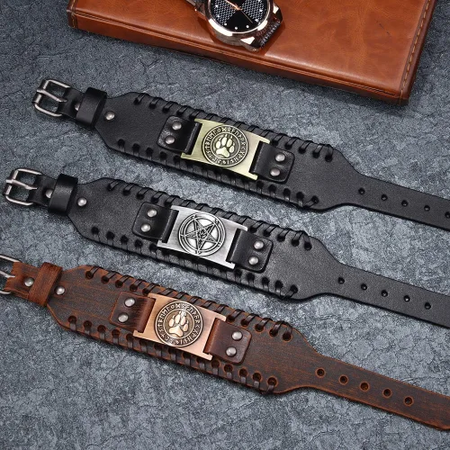 Vista 4 de Pulsera de cuero satánico, pulsera de cabeza de cabra satánica de baphomet de demonio, brazalete gótico de pentagrama invertido