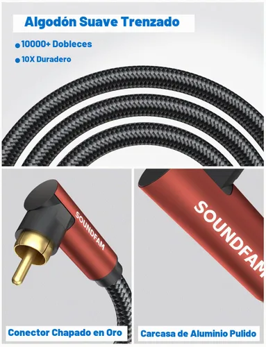 Vista 5 de Cable de subwoofer RCA de ángulo recto de 90 grados, cable de audio coaxial chapado en oro de 24 quilates doble para cine en casa, S/PDIF