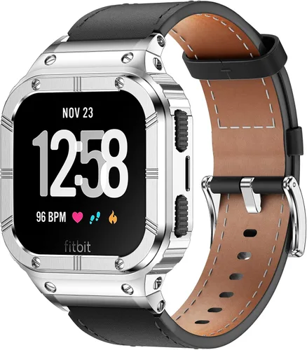 Vista 7 de BAITEYOU Leather Bands with Stainless Steel Case Compatible with Fitbit Versa 1 2 3 4 Lite Sense 2 1 Protective case for men