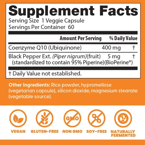 Vista 2 de Doctor's Best CoQ10 de alta absorción con BioPerine, salud cardíaca y producción de energía, fermentada naturalmente, sin OMG, vegano, sin gluten