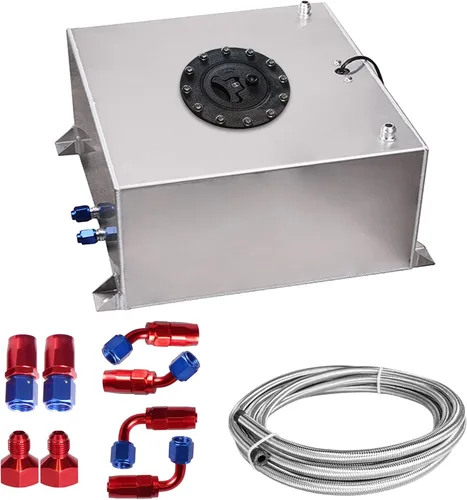 Vista 8 de Tanque de Celda de Combustible Universal de 5 Galones 20L Aluminio Pulido Plateado con Tapa/Emisor de Nivel/Línea de Alimentación de Aceite de 12