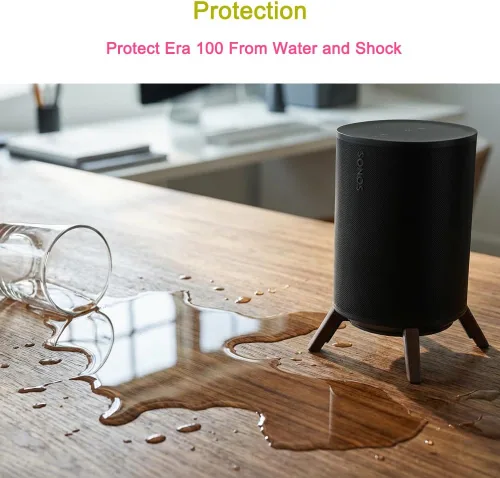 Vista 5 de Soporte de escritorio de madera natural para altavoz Sonos Era 100, soporte de trípode estable de madera con marco de metal, diseño de fácil