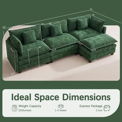 Vista 2 de Sofá modular modular de 102 pulgadas, sofá de nube de gran tamaño Verde