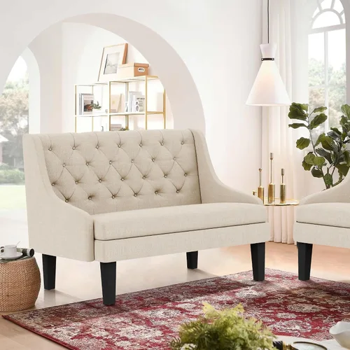 Vista 6 de Banco Settee con Respaldo Mini Sofá para Comedor Sala de Estar Entrada Moderno Banquette Tapizado con Botones Capitoné Loveseat Sofá con Patas