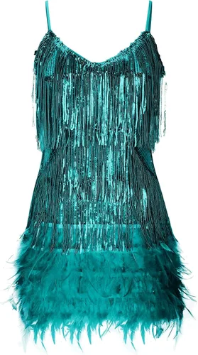 Vista 3 de XUNRYAN Vestidos de fiesta de lentejuelas de los años 20 para mujer, con flecos, con tirantes delgados, formal, con borlas, para cóctel, disfraz